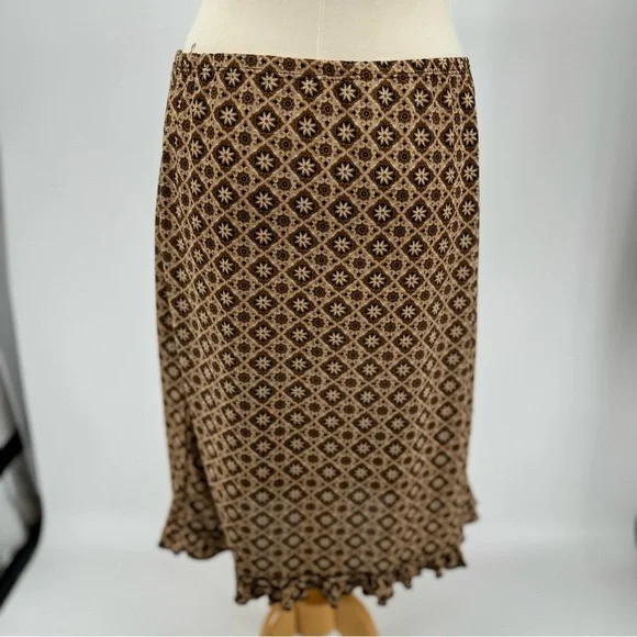Vintage 90s Brown/ Orange Rachel Greene Medallion Midi Skirt with Ruffled Hem
